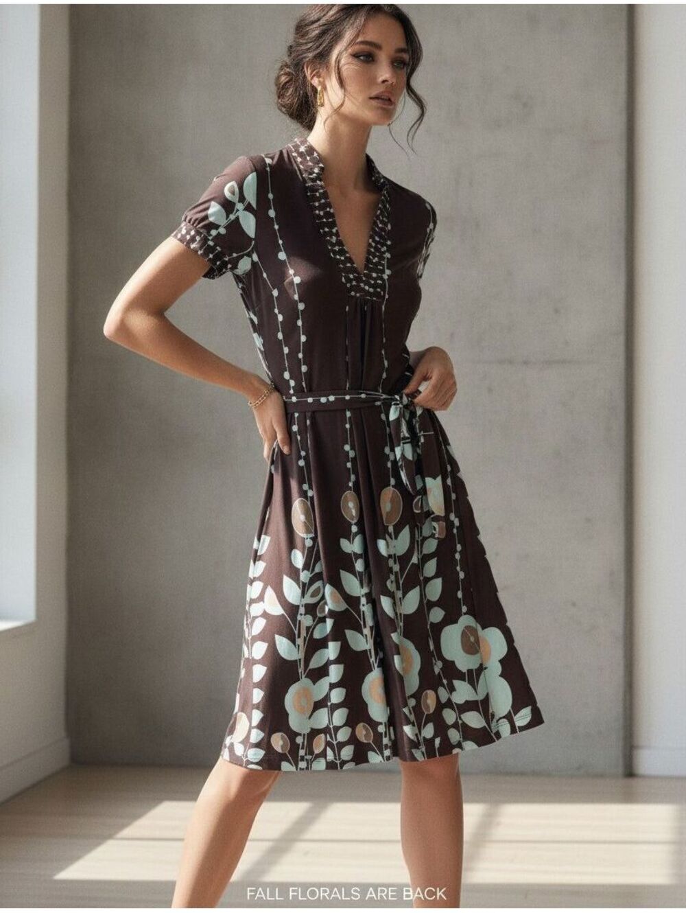 AXS Women's XXS Brown Teal Leaf Print Tie Waist Midi Dress